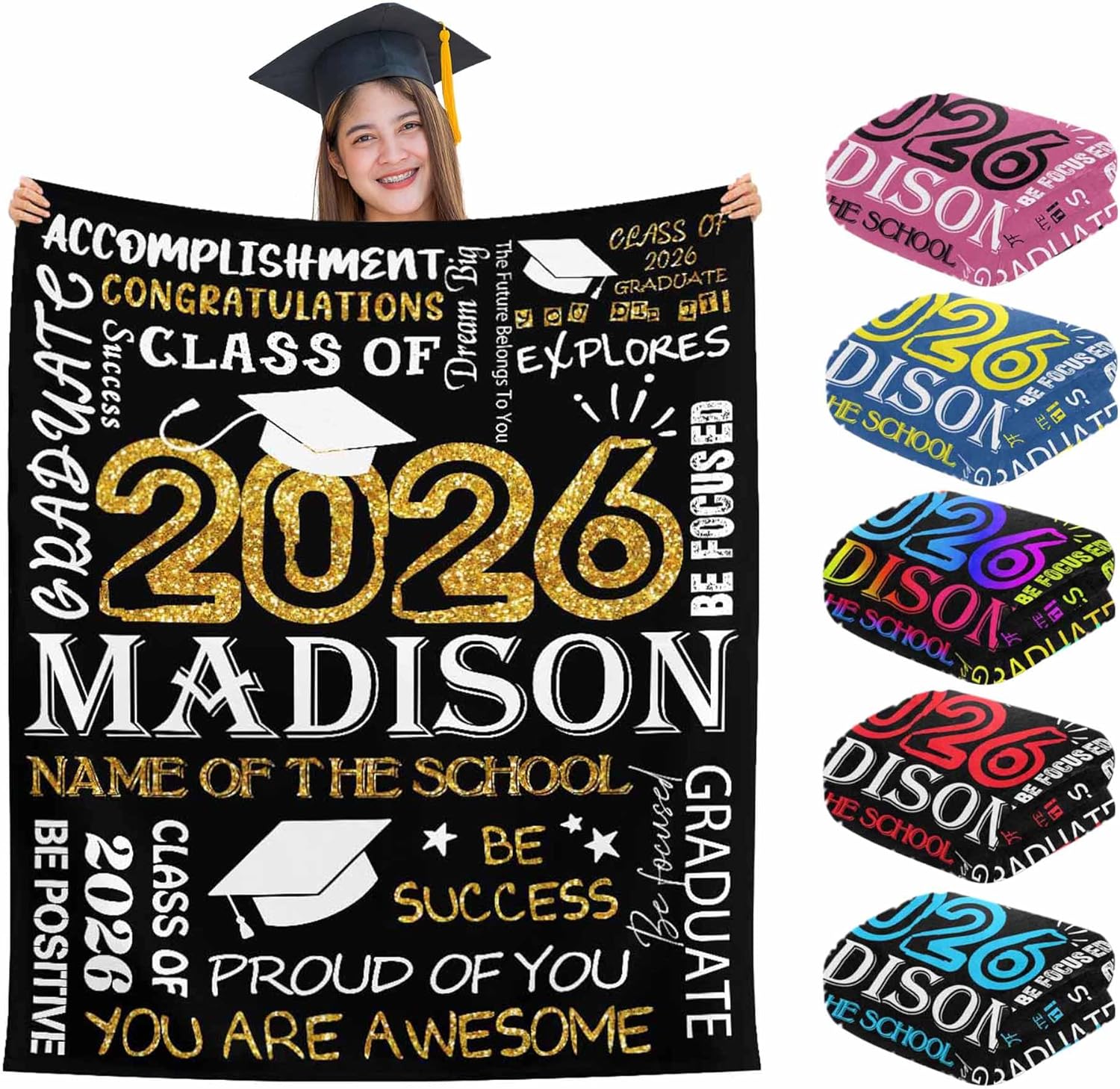 YESCUSTOM M Custom Graduation Gifts Blanket with Photo Text Personalized Class of 2026 Graduation Blankets Customized Throw Blanket Graduation Gift for Her Him High School College 50" X 60" Golden