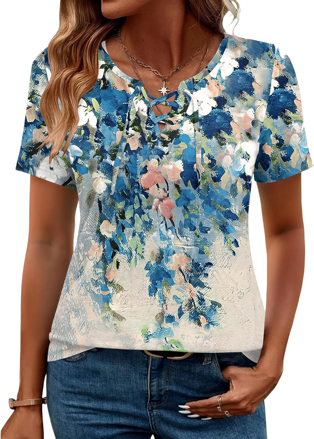Womens Criss Cross Short Sleeve T-Shirts V-Neck Floral Summer Blouse Tops