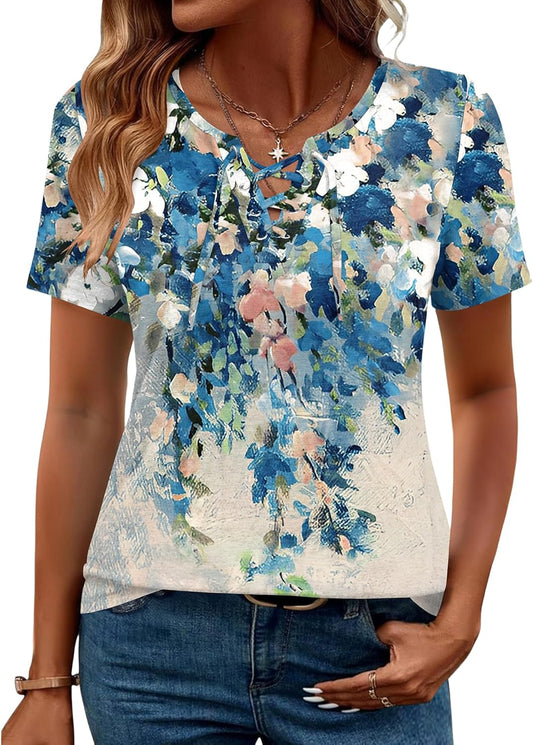 Womens Criss Cross Short Sleeve T-Shirts V-Neck Floral Summer Blouse Tops