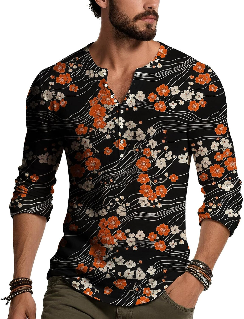 Men's Long Sleeve Wave Floral Print Henley Shirt Artistic V Neck Button Down Casual Top Lightweight Modern Fit