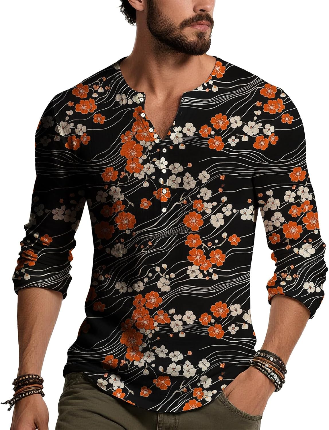 Men's Long Sleeve Wave Floral Print Henley Shirt Artistic V Neck Button Down Casual Top Lightweight Modern Fit