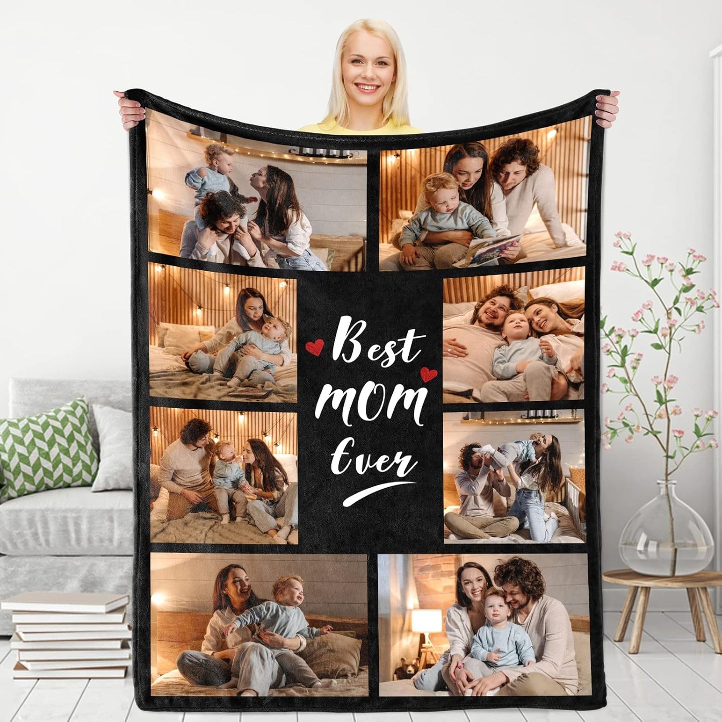 Best Mom Ever Custom Blanket, Mothers Day Birthday Gifts for Mom from Daughter, Customized Blankets with Pictures, I Love You Personalized Throw Blanket with Photos as a Gift