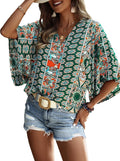 Women's Boho Print V Neck 3/4 Bell Sleeve Button Front Summer Blouse Top