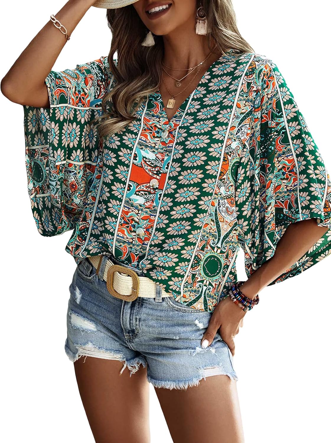 Women's Boho Print V Neck 3/4 Bell Sleeve Button Front Summer Blouse Top