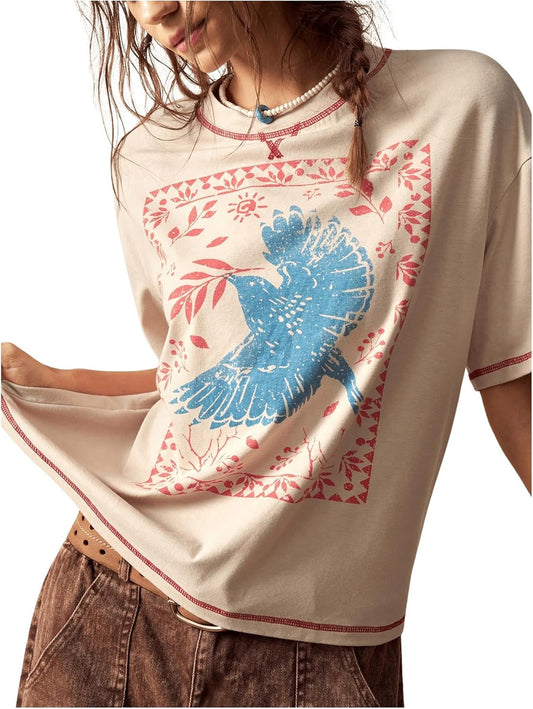 Women's Graphic Boho Short Sleeve Tee Tops Crewneck Loose Fit T Shirts Streetwear