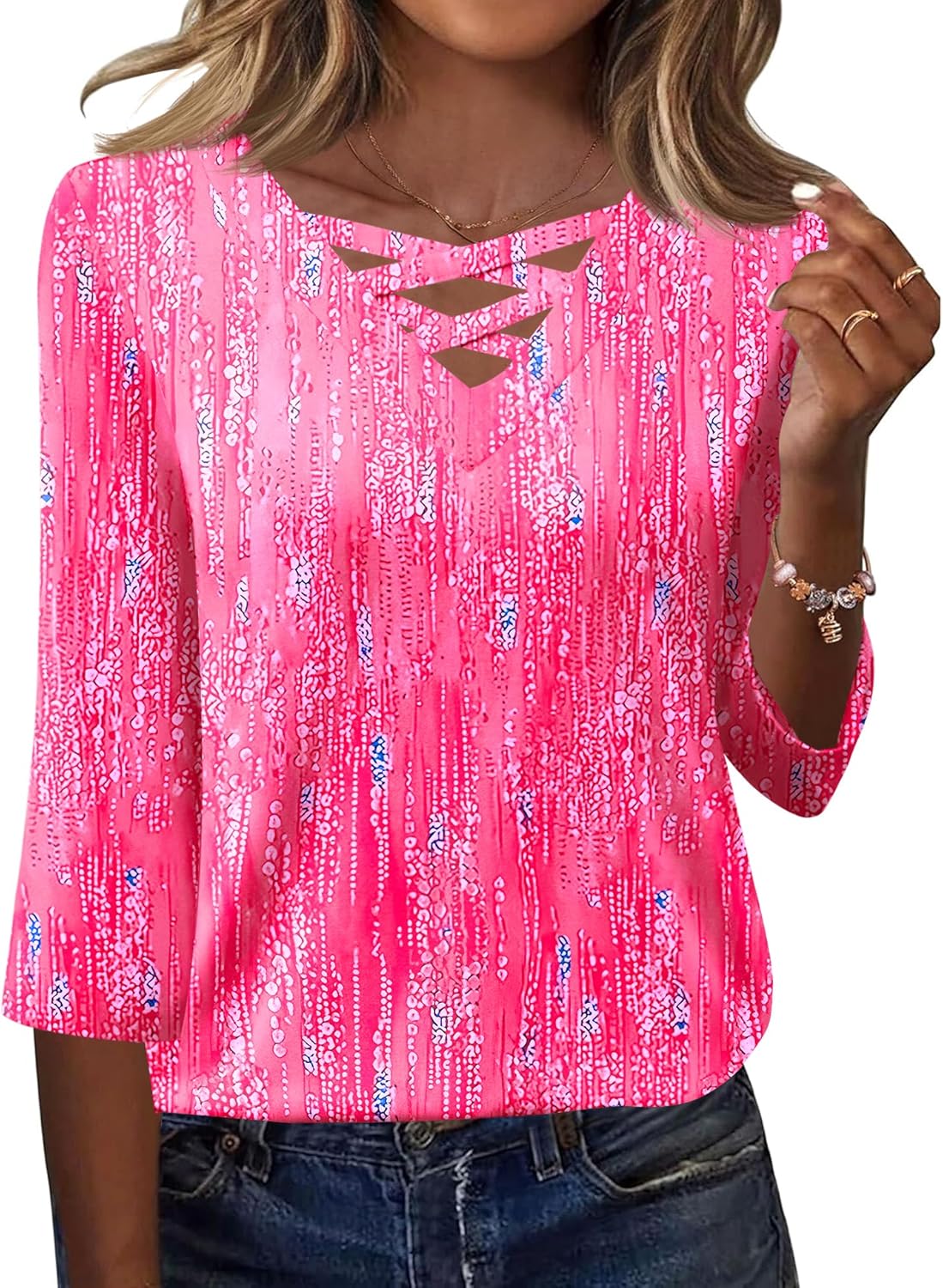 Women Blouses Dressy Casual Spring Tops 3/4 Length Sleeve Womens T Shirts V Neck Criss Cross Tees