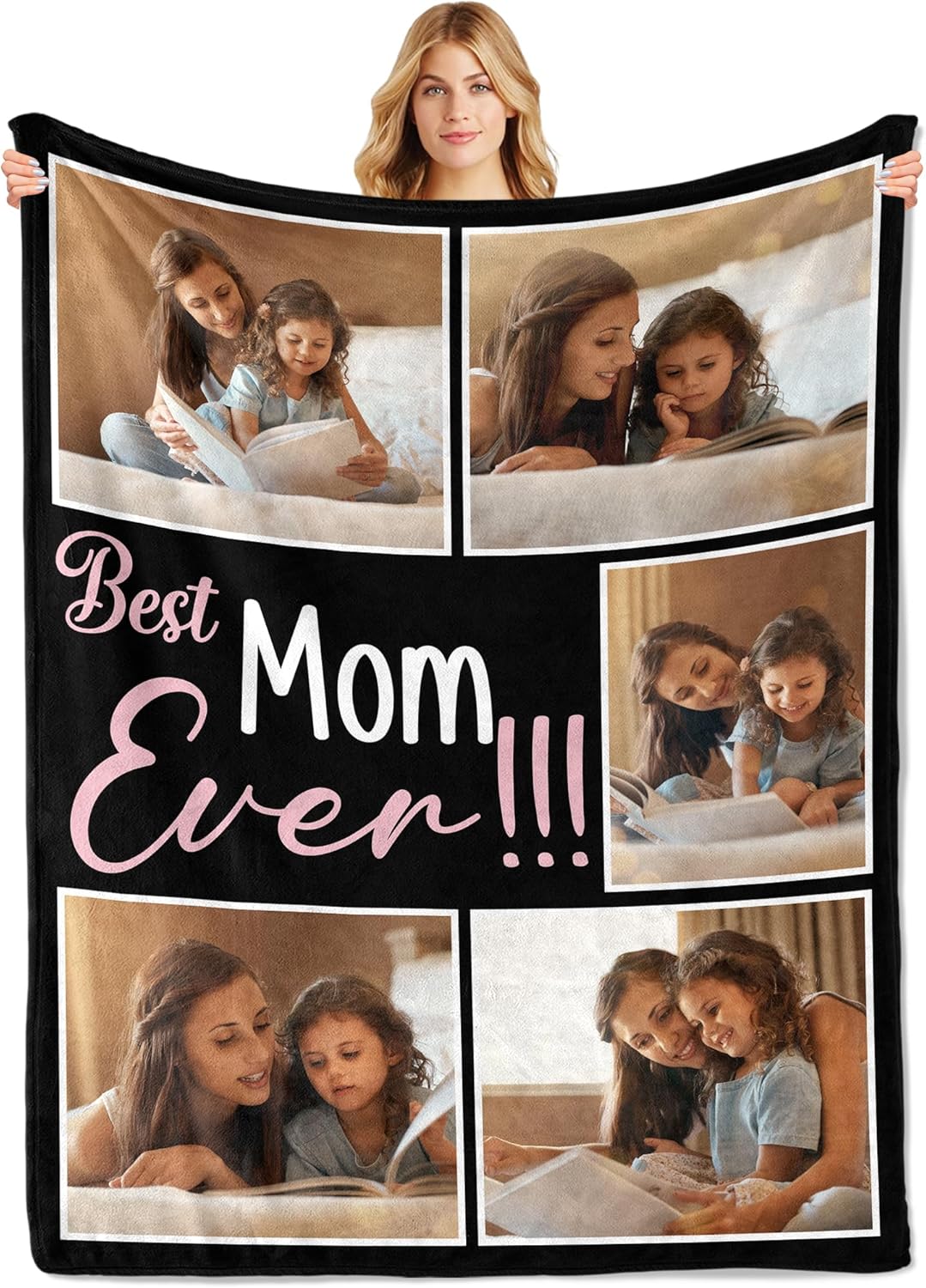 Ship Next Day Personalized Mothers Day Birthday Gifts for Mom Wife from Daughter Son Husband, Custom Best Mom Ever Blanket with Photos, Customized Christmas for Wife, Grandma, Women