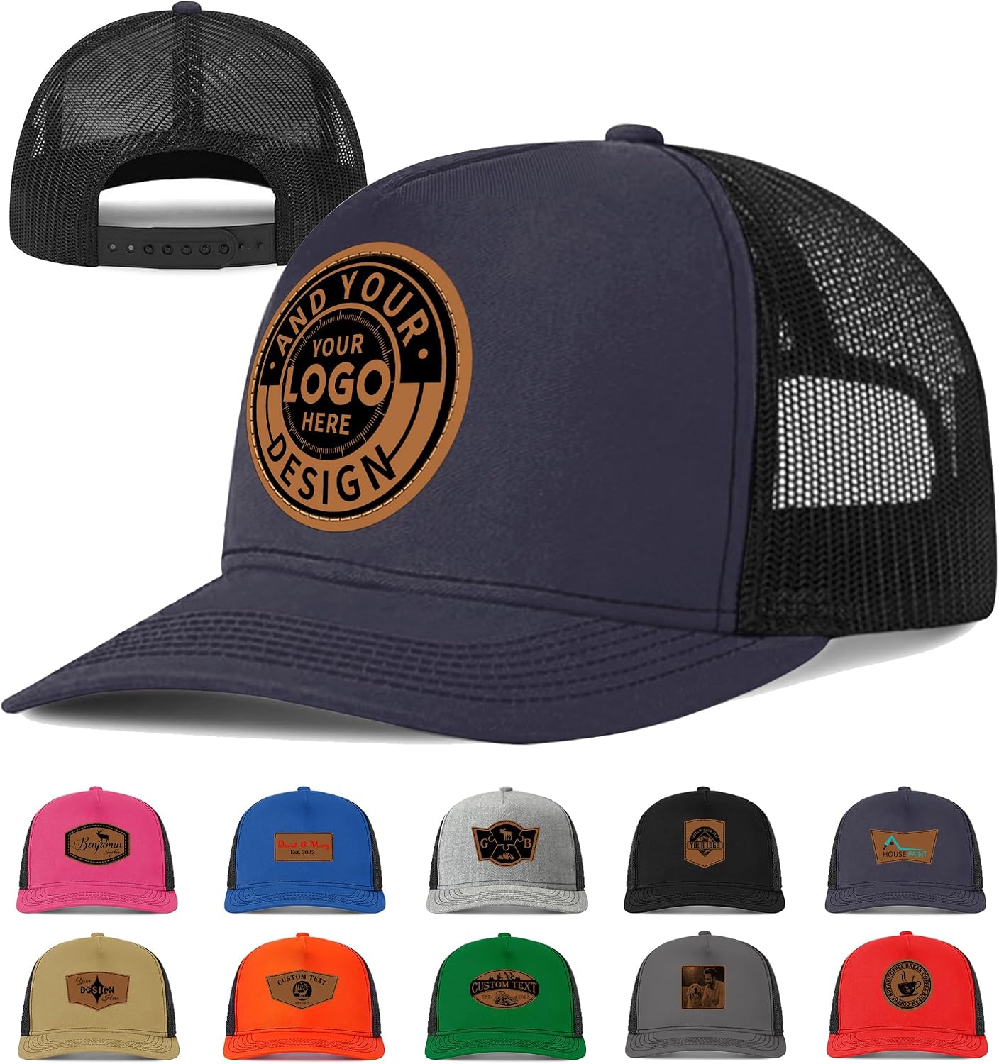 Custom Leather Patch Trucker Hat Personalized Laser Engraved Logo Text Mesh Baseball Cap for Men Women Team Gift
