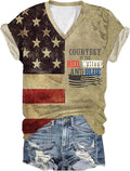 Women V Neck Star Flag T-Shirt Summer Retro Graphic Short Sleeved Shirt July 4th Patriot Casual Holiday Tee Tops