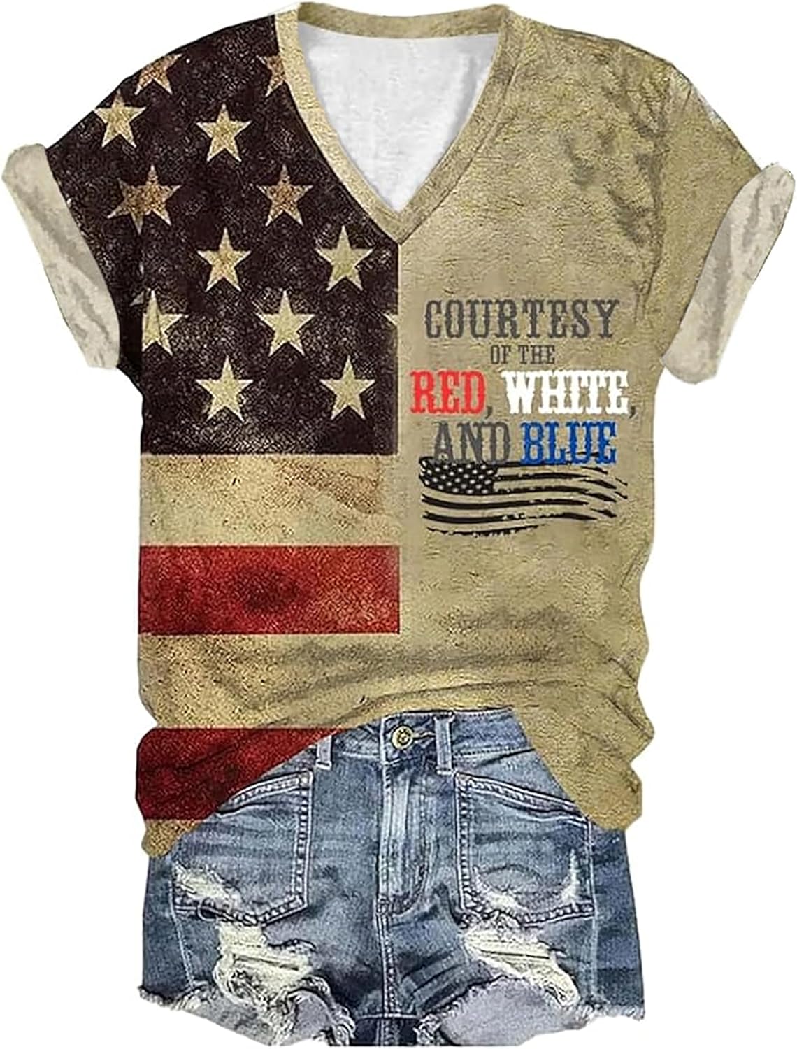 Women V Neck Star Flag T-Shirt Summer Retro Graphic Short Sleeved Shirt July 4th Patriot Casual Holiday Tee Tops