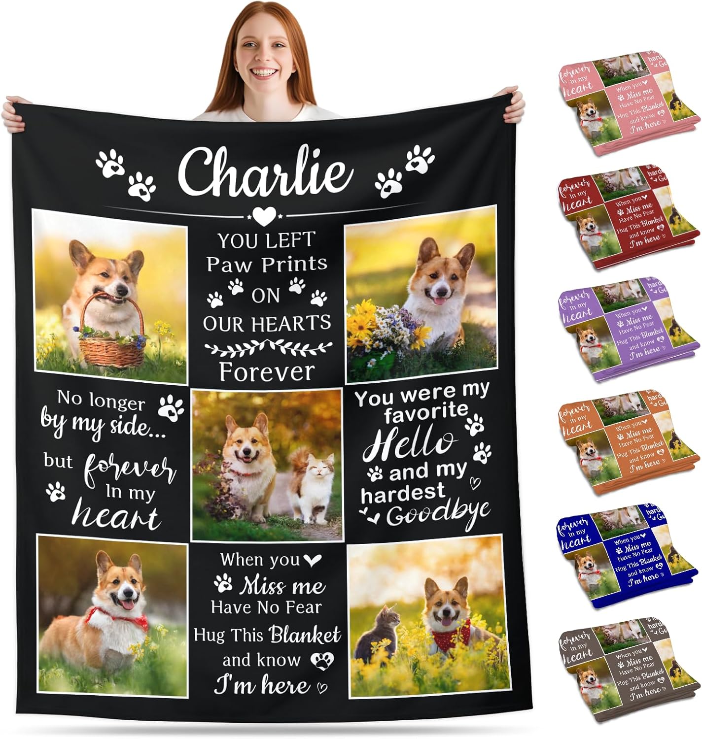 Dog Memorial Gifts for Loss of Dog, Personalized Dogs Memorial Blanket with Photo Name, Pet Loss Sympathy Gift, Custom Dogs Blanket Pet Bereavement Remembrance Gifts (5 Photo & Name)