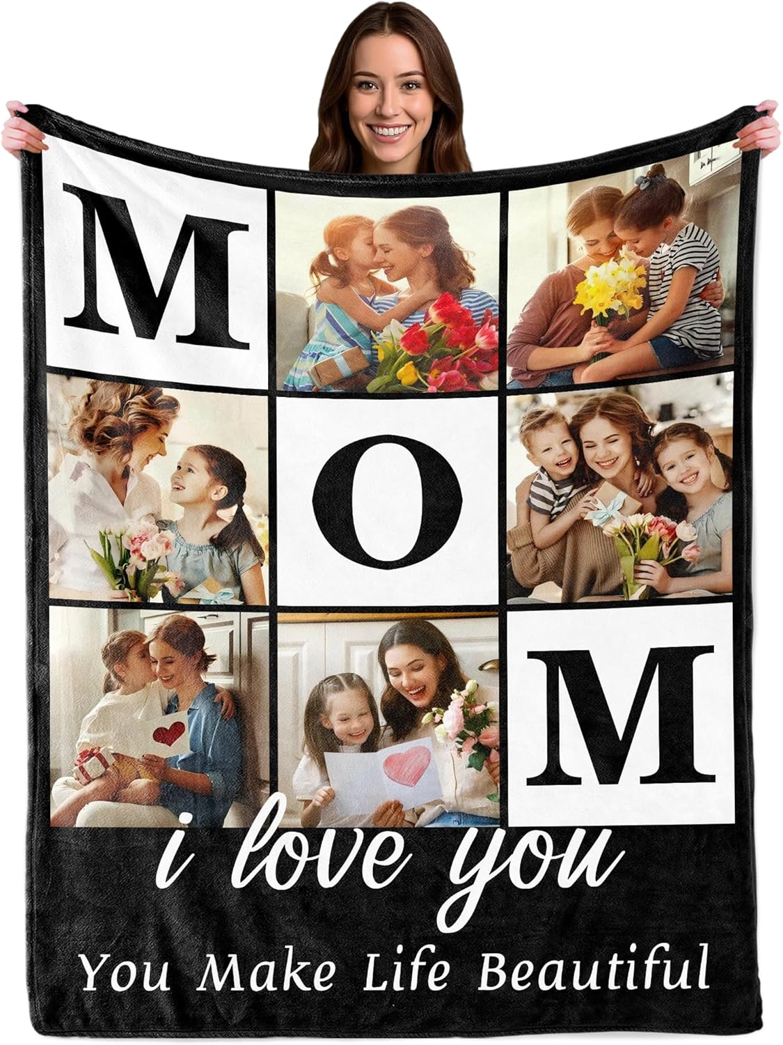 Ship Next Day Mothers Day Photo Gifts for Mom from Daughter Son Kids, Custom Blanket with Picture Text for Adult, Personalized Birthday Gifts for Mommy Mama Women Her Wife