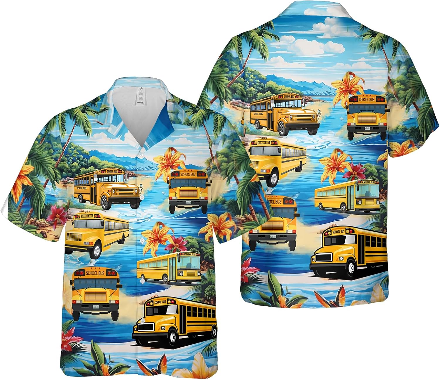 Summer Tropical Leaves Prined Beach Hawaiian Shirt for School Bus Driver, Fire Truck Firefighter Hawaiian Shirt Summer Vibes