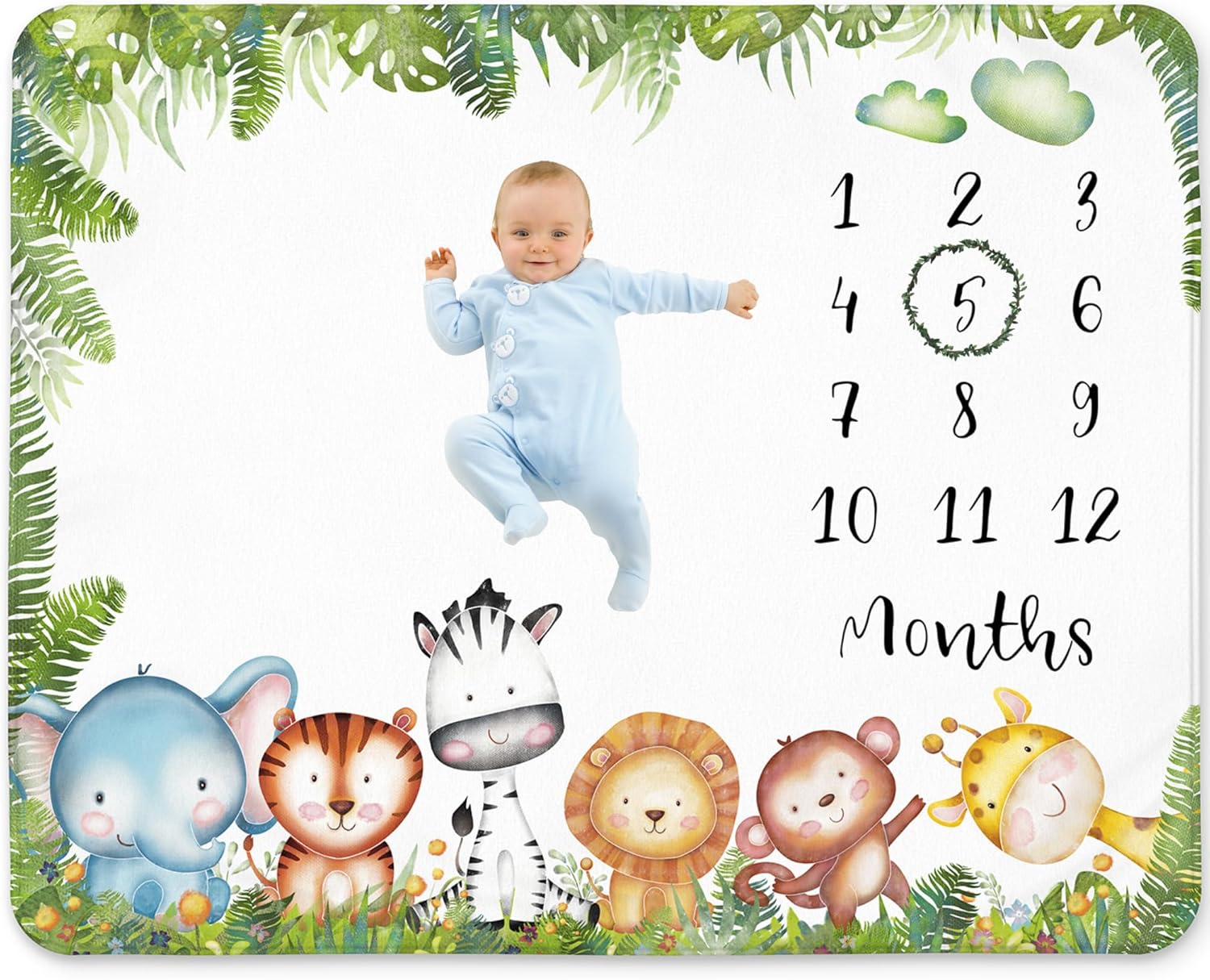 Safari Milestone Blanket for Boy – Jungle Animals Theme, Monthly Tracker with Wreath, Soft Fleece 50x40, Newborn Photo Prop, Cute Nursery Decor for New Moms