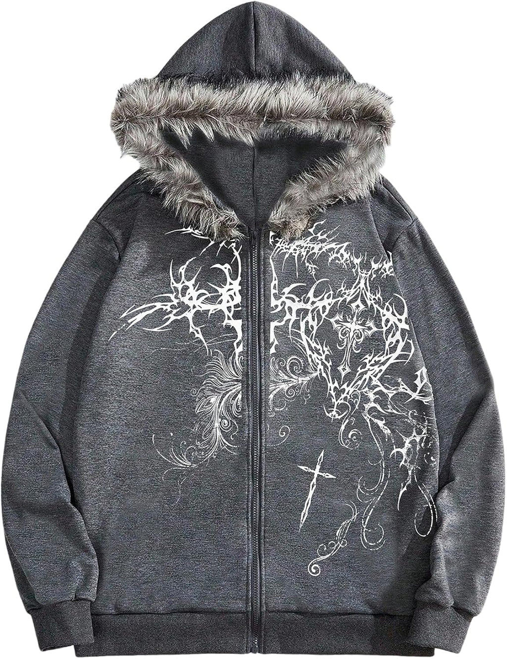 Men's Y2k Grunge Zip Up Hoodie Sweatshirts Gothic Fur Hooded Jacket Streetwear