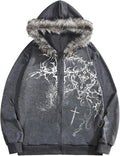 Men's Y2k Grunge Zip Up Hoodie Sweatshirts Gothic Fur Hooded Jacket Streetwear