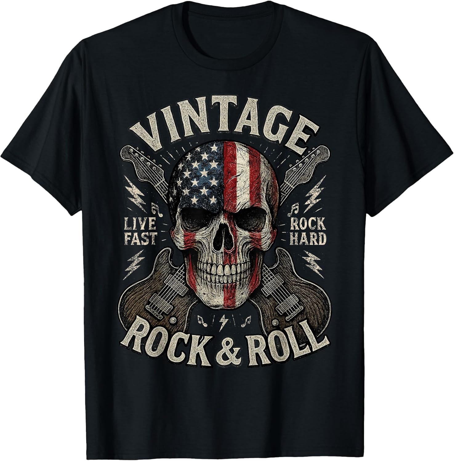 Vintage Rock Skull American Flag Guitar Retro Rock and Roll T-Shirt