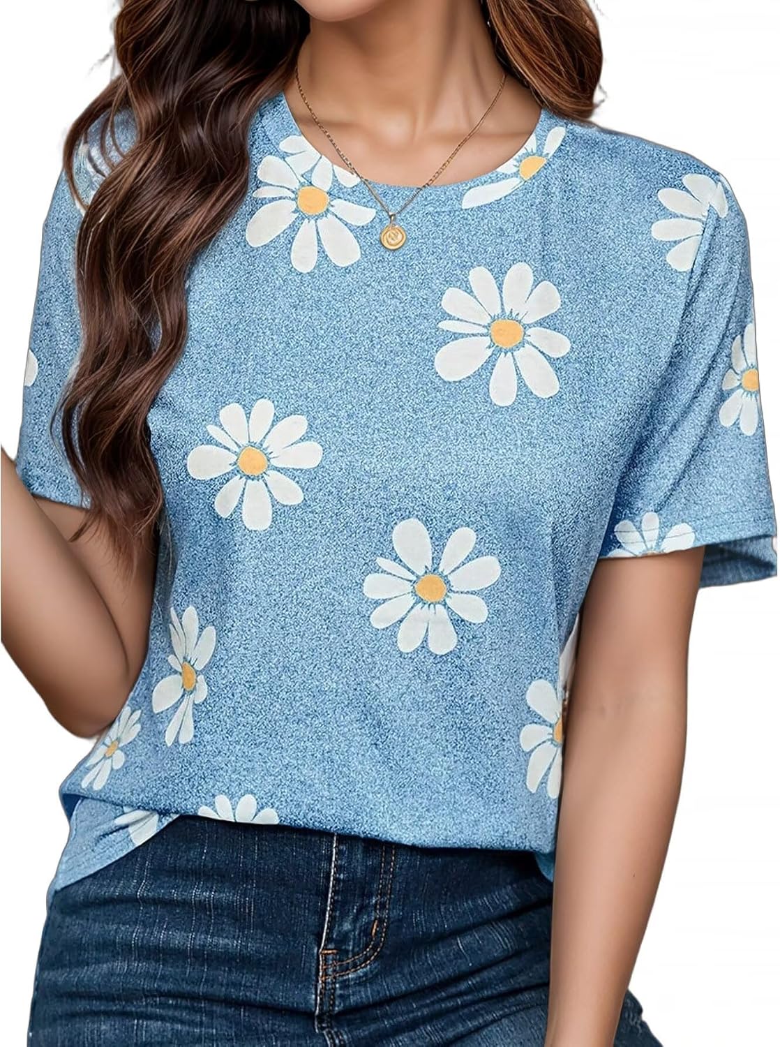 Women's Short Sleeve Round Neck Tops 2026 Floral Print Cute Blouses Dressy Casual Spring Summer Outfits