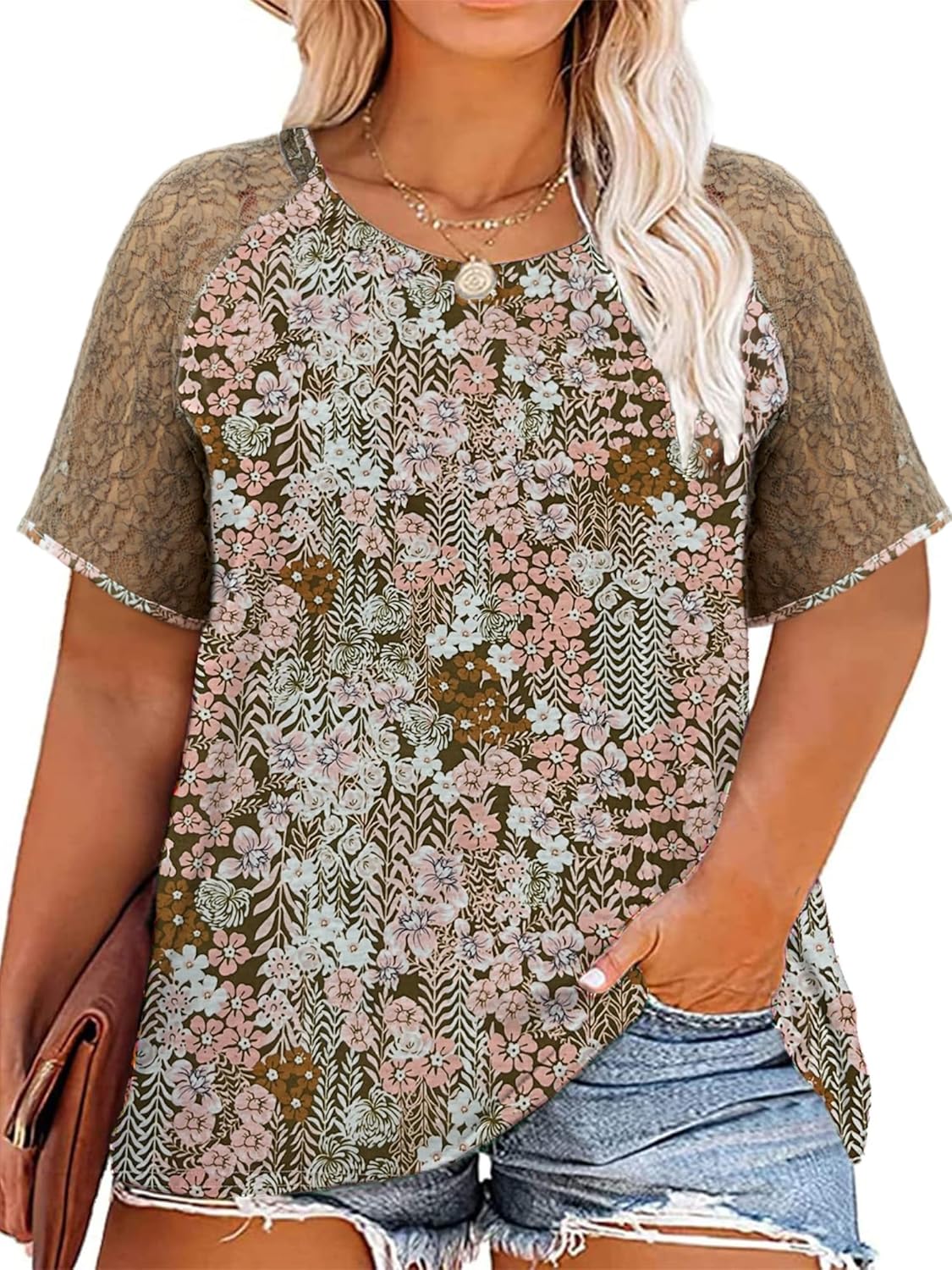 Womens Plus Size Tops Floral Bell Sleeves Blouses Summer Crewneck Tunic Loose Casual T Shirts