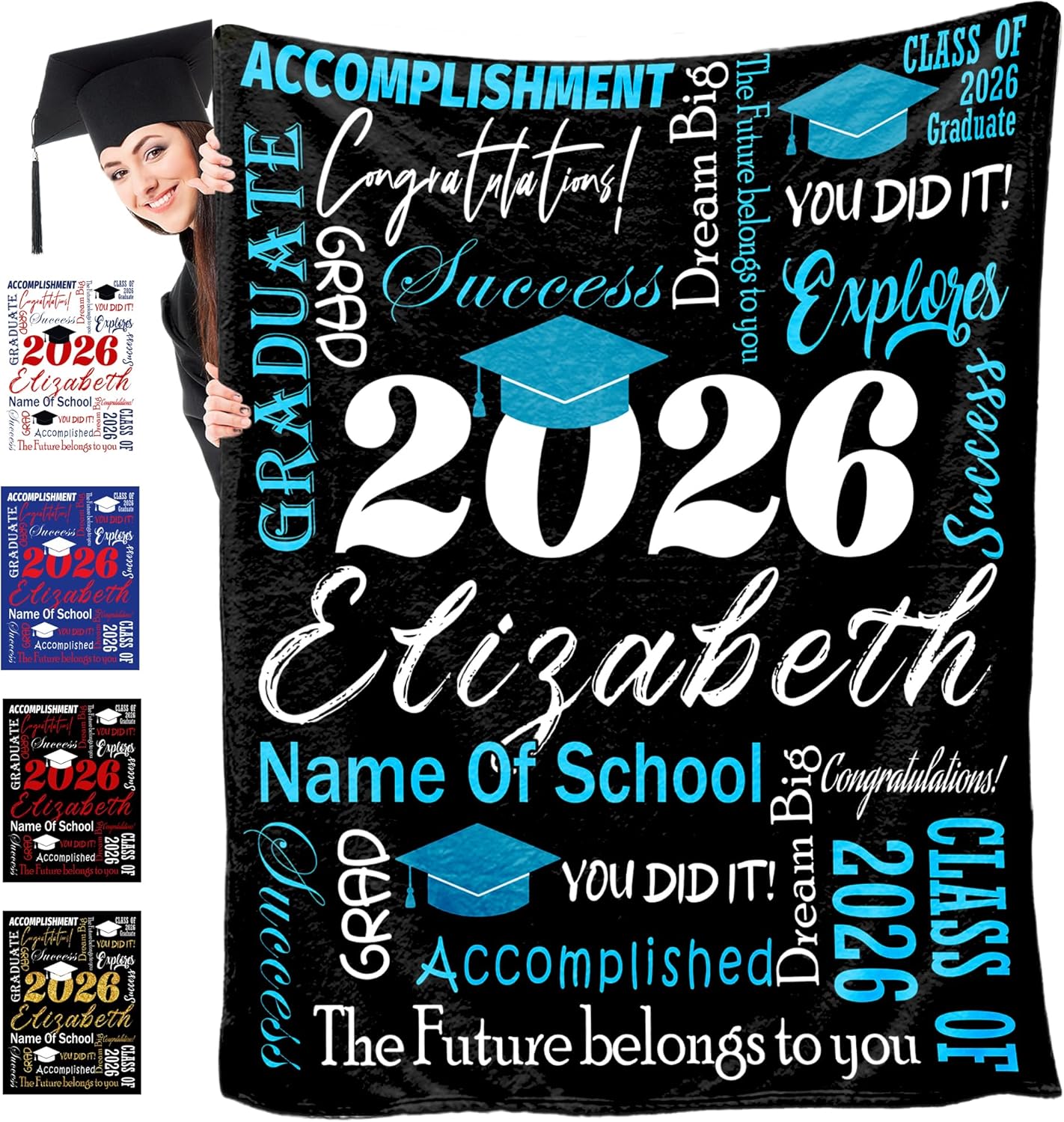 Custom Graduation Gift Blanket with Name, Black Blue Personalized Soft Flannel Throw Blankets Class of 2026 Graduation Gifts Senior Graduation Party Gift for Her Him 50" x 60"
