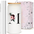 Birthday Gifts for Women, Personalized Customized Cute Glass Cups with Lids and Straws, Initial Drinking Iced Coffee Cup, Custom Letter Mug Tumbler, Monogrammed Gifts for Her Mom Woman Daughter, M