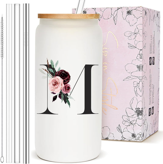 Birthday Gifts for Women, Personalized Customized Cute Glass Cups with Lids and Straws, Initial Drinking Iced Coffee Cup, Custom Letter Mug Tumbler, Monogrammed Gifts for Her Mom Woman Daughter, M