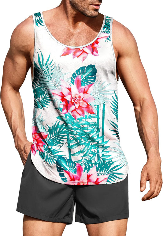 Men's Floral Tank Top Sleeveless Tees All Over Print Casual Sport T-Shirts Hawaii Beach Vacation