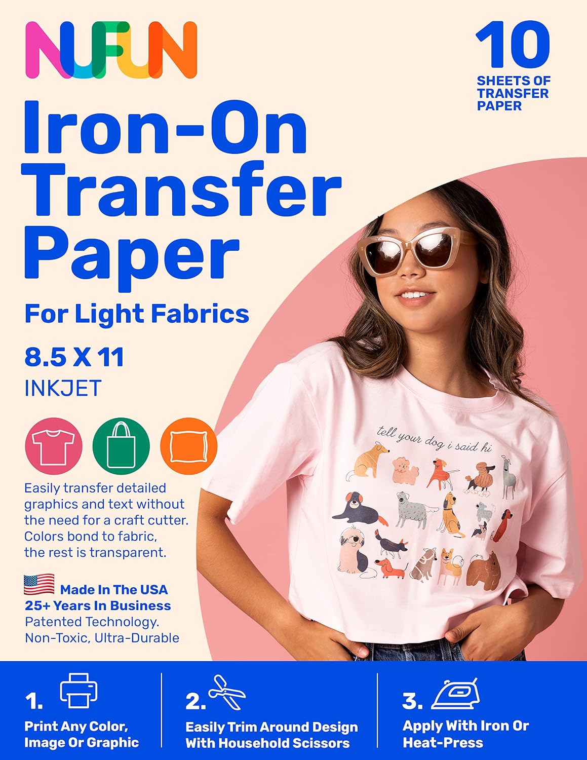 NuFun Activities Ink Jet Printable Iron-on Heat Transfer Paper for T Shirts, Light Fabrics, 10 Sheets 8.5 x 11 inch, Long Lasting, Durable, Professional Quality, Easy DIY, Non-Toxic, Made In the USA