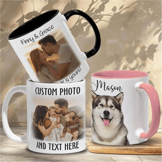 Personalized Coffee Mugs with Photo Text or Logo 11oz 15oz, Personalized Mugs with Picture and Message Multiple Colors, Tazas Personalizadas Gift Idea for Mom, Dad, Family, Couple, Friend, Company