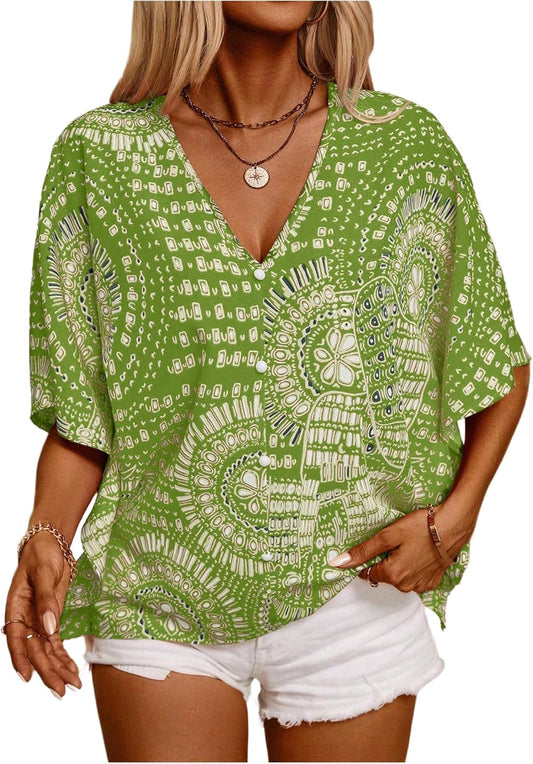 Women's Allover Print Hawaiian Shirt Dolman Short Sleeve V Neck Summer Tops 2025 Vacation