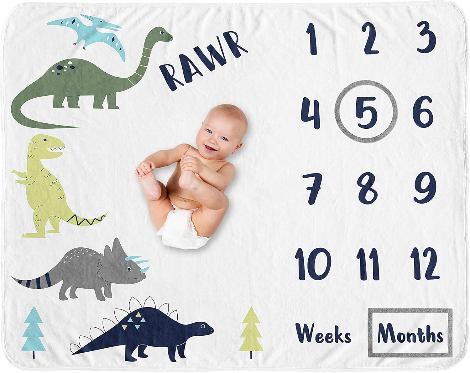 Sweet Jojo Designs Mod Dino Boy Milestone Blanket Monthly Newborn First Year Growth Mat Baby Shower Memory Keepsake Gift Picture - Blue, Green and Grey Modern Dinosaur Rawr
