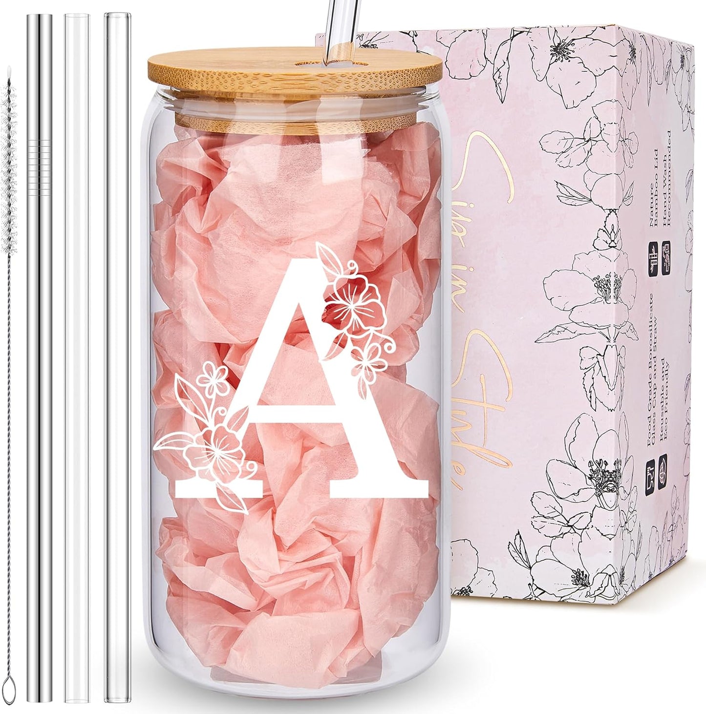 Personalized Tumbler, Monogrammed Can Glass Cups with Bamboo Lids and Straws, Customized Gifts for Women, Cute Design Initial Iced Coffee glasses, Custom Letter Mug, Birthday Bridesmaid, A