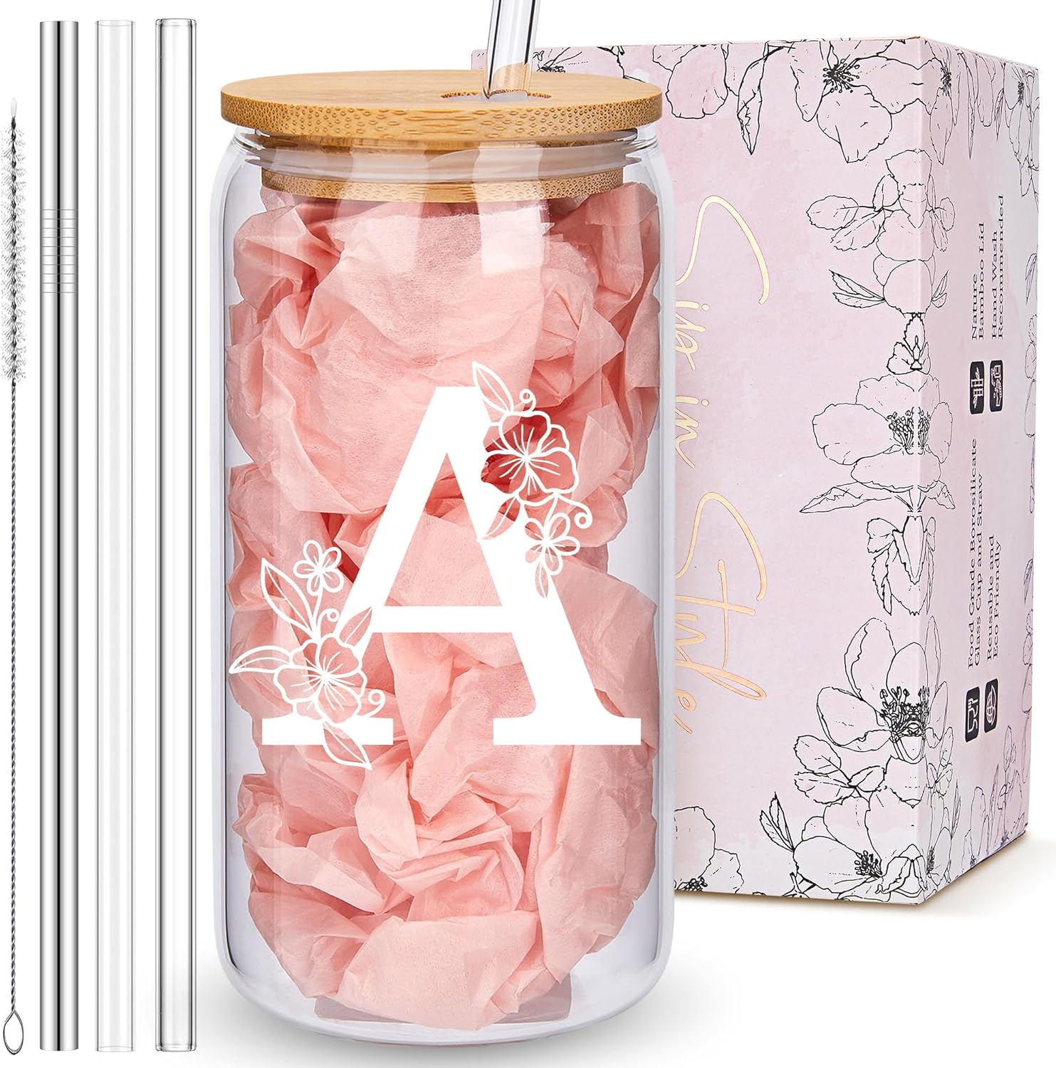 Personalized Tumbler, Monogrammed Can Glass Cups with Bamboo Lids and Straws, Customized Gifts for Women, Cute Design Initial Iced Coffee glasses, Custom Letter Mug, Birthday Bridesmaid, A