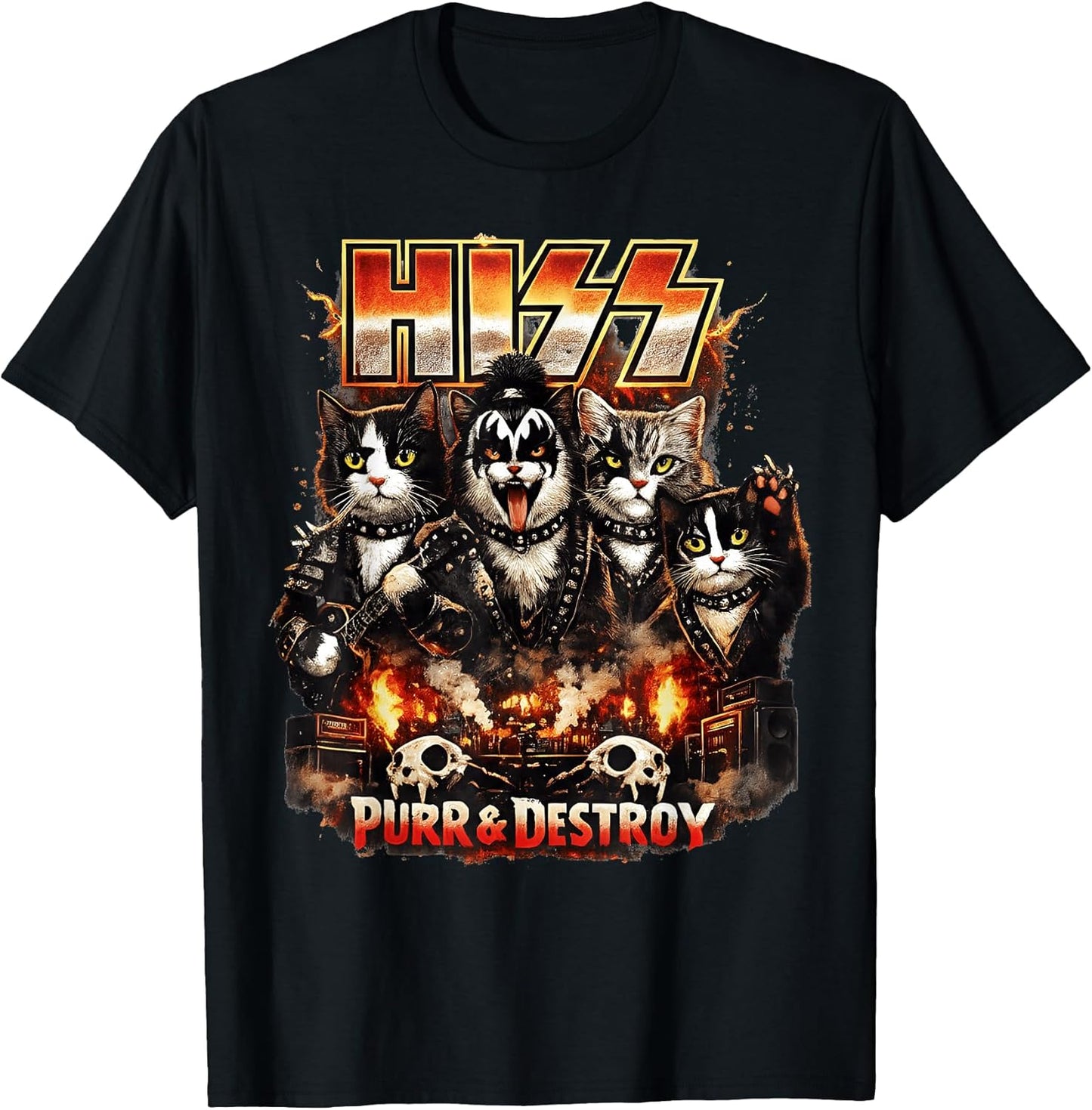 Hiss Cat Rock Parody Funny Retro Feline Music Lover Humor T-Shirt