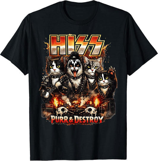 Hiss Cat Rock Parody Funny Retro Feline Music Lover Humor T-Shirt