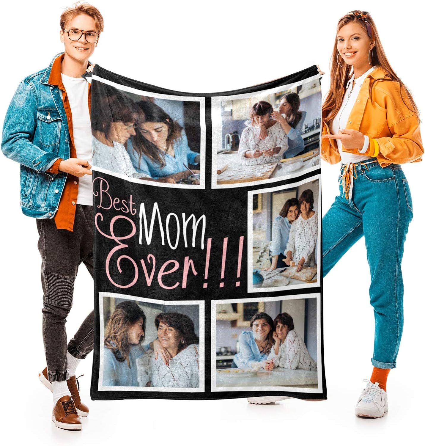 inkArts Best Mom Ever Custom Blanket with 5 Photos Personalized Picture Blanket Customized Gifts for Mom Grandma for Birthday Mother's Day Christmas, 15 Colors Available, 32"x48"