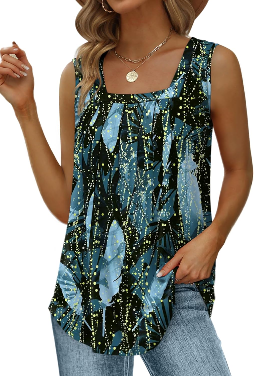 Summer Tank Tops for Women Loose Fit Pleated Square Neck Sleeveless Tops Curved Hem Flowy