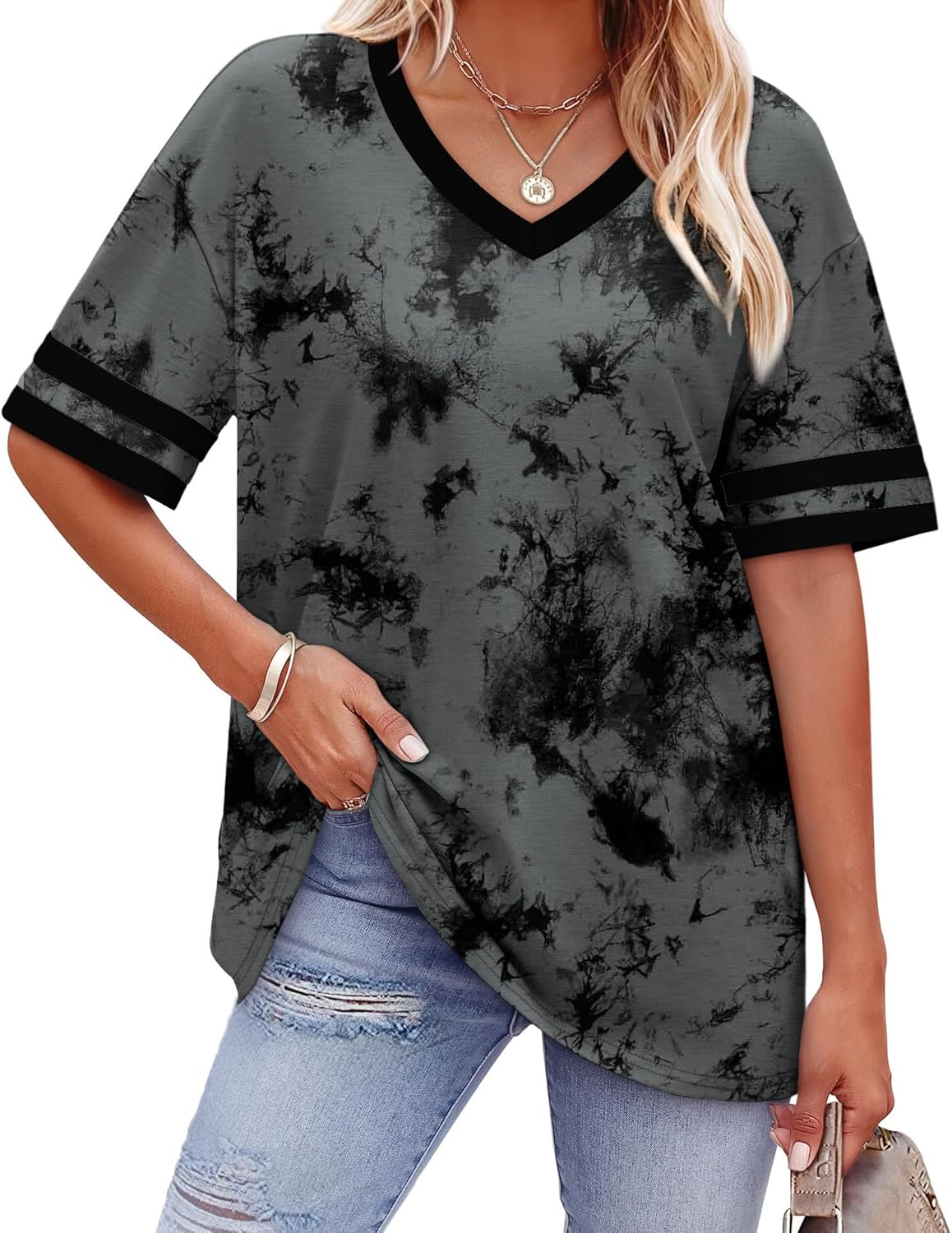Womens T Shirts Loose Fit Short Sleeve Tees V Neck Color Block Summer Tops 2026 Fashion S-4XL