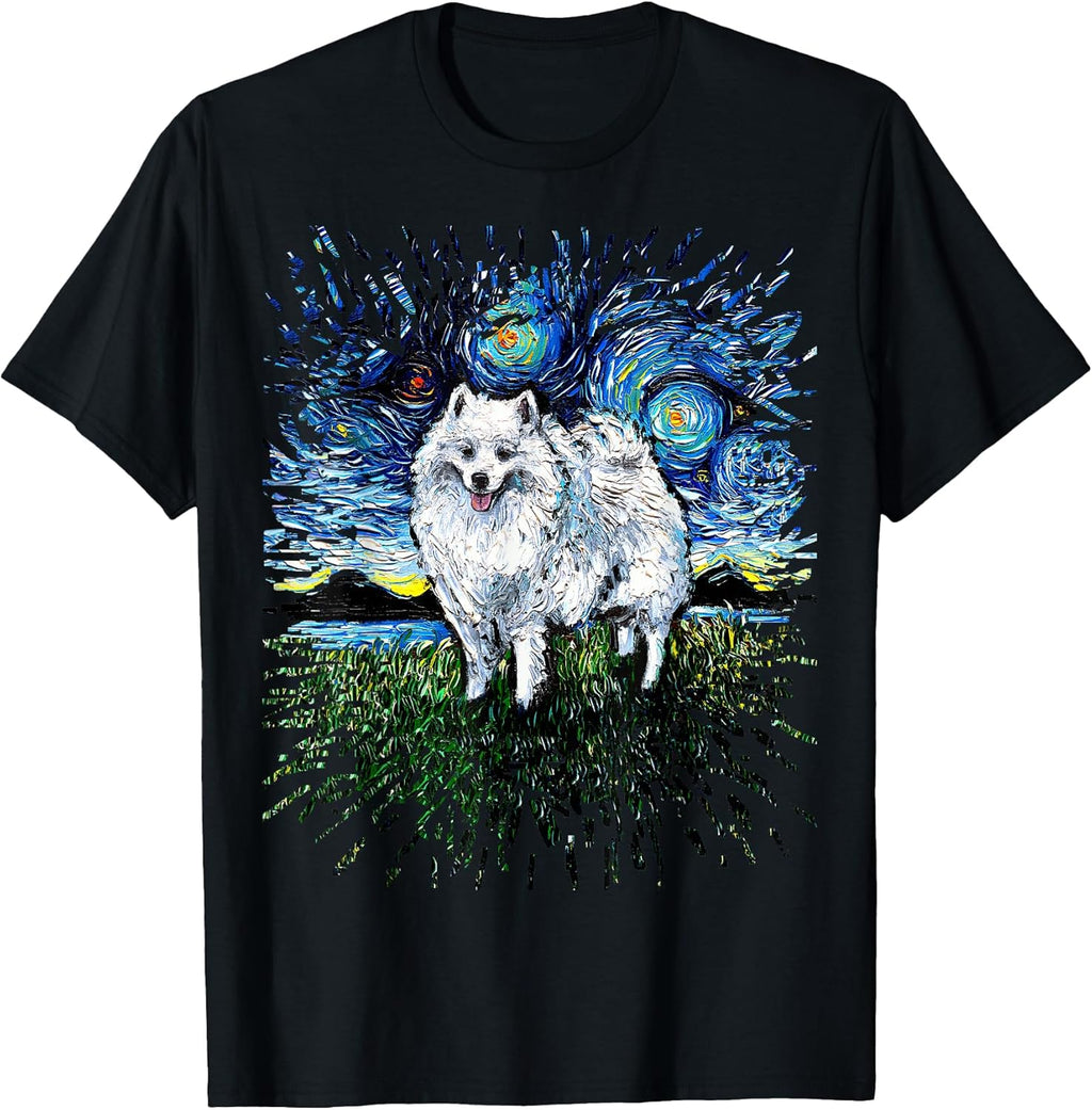American Eskimo Japanese Spitz Starry Night Dog Art by Aja Men Women Girls Kids T-Shirt