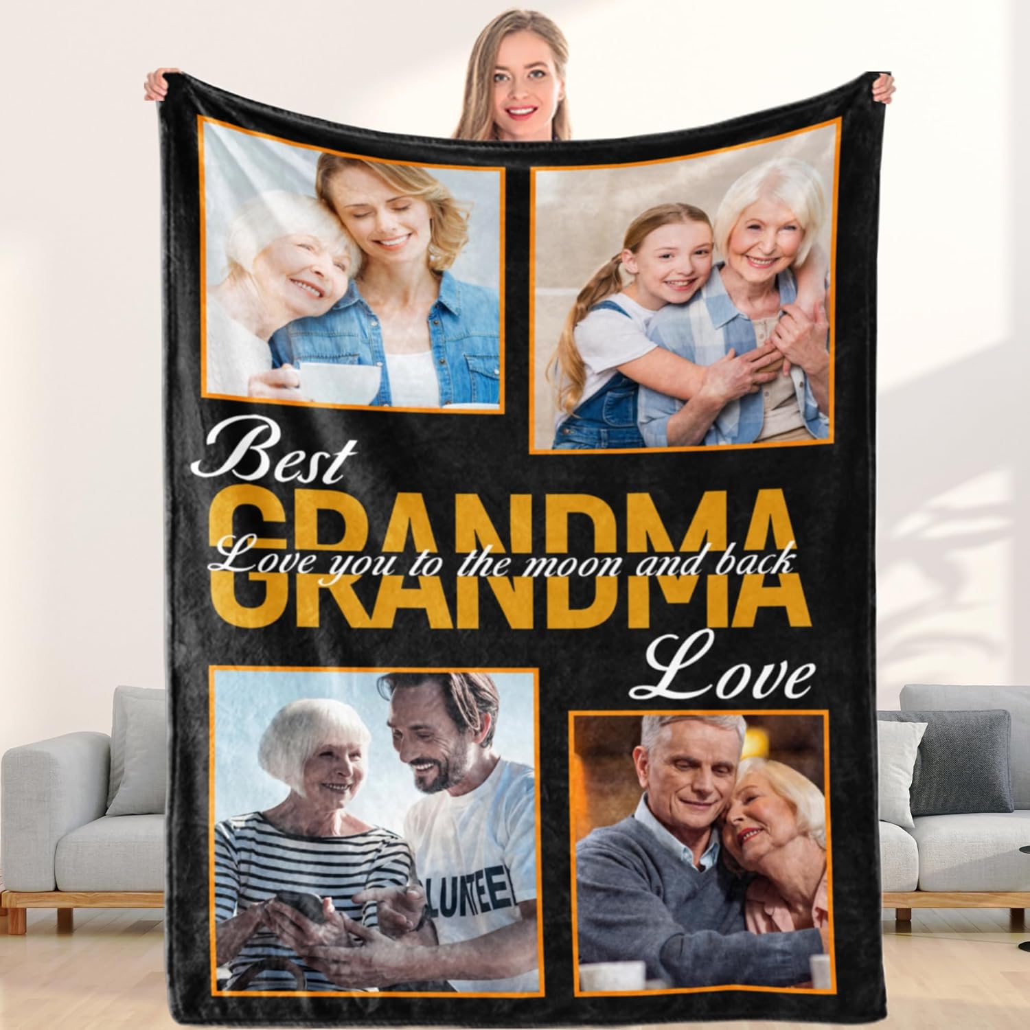 to My Best Grandma Custom Photo Collage Throw Blanket Love You to The Moon and Back Blanket Customized Pictures Blanket Face Gift for Grandma Birthday Christmas Long Distance Gift
