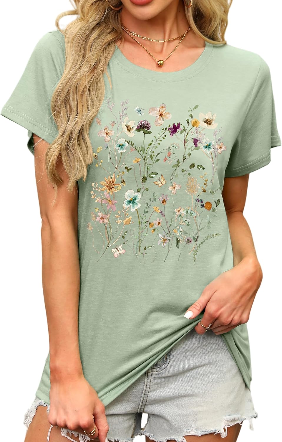 Women's Floral Graphic Tees Short Sleeve Casual T-Shirts Boho Style Cute Summer Loose Fit Tops