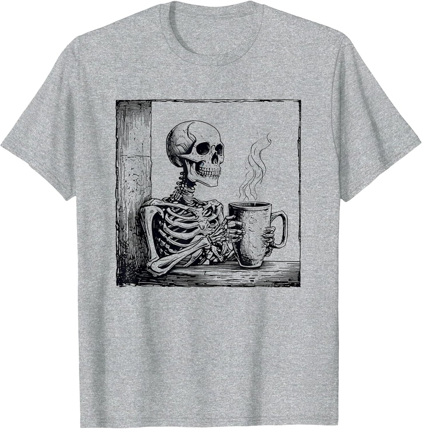 Vintage Coffee Drinking Skeleton Horror