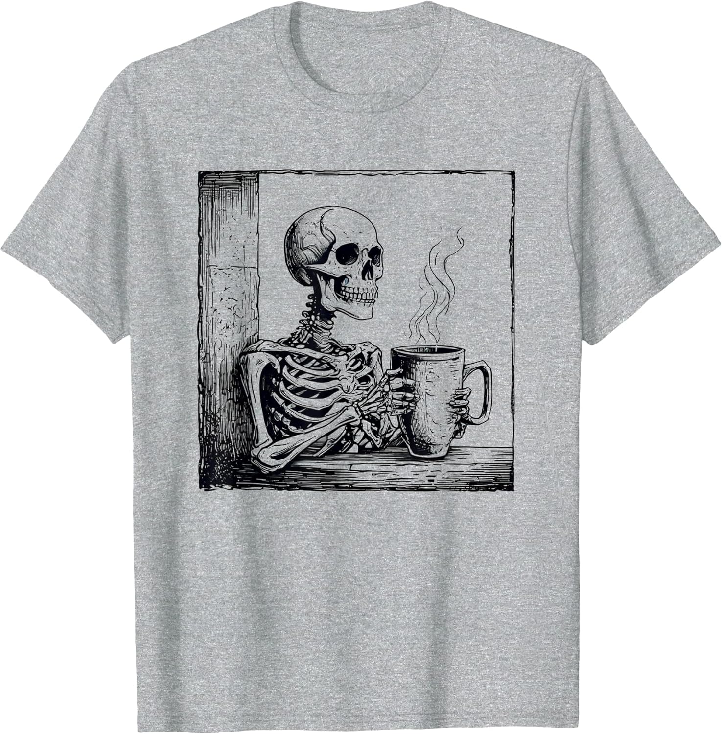 Vintage Coffee Drinking Skeleton Horror