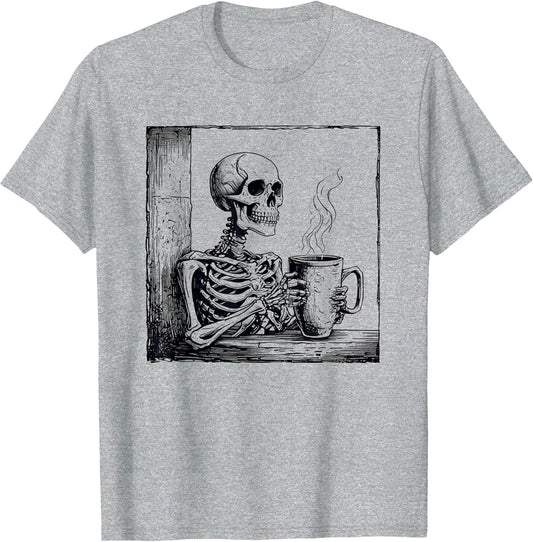 Vintage Coffee Drinking Skeleton Horror