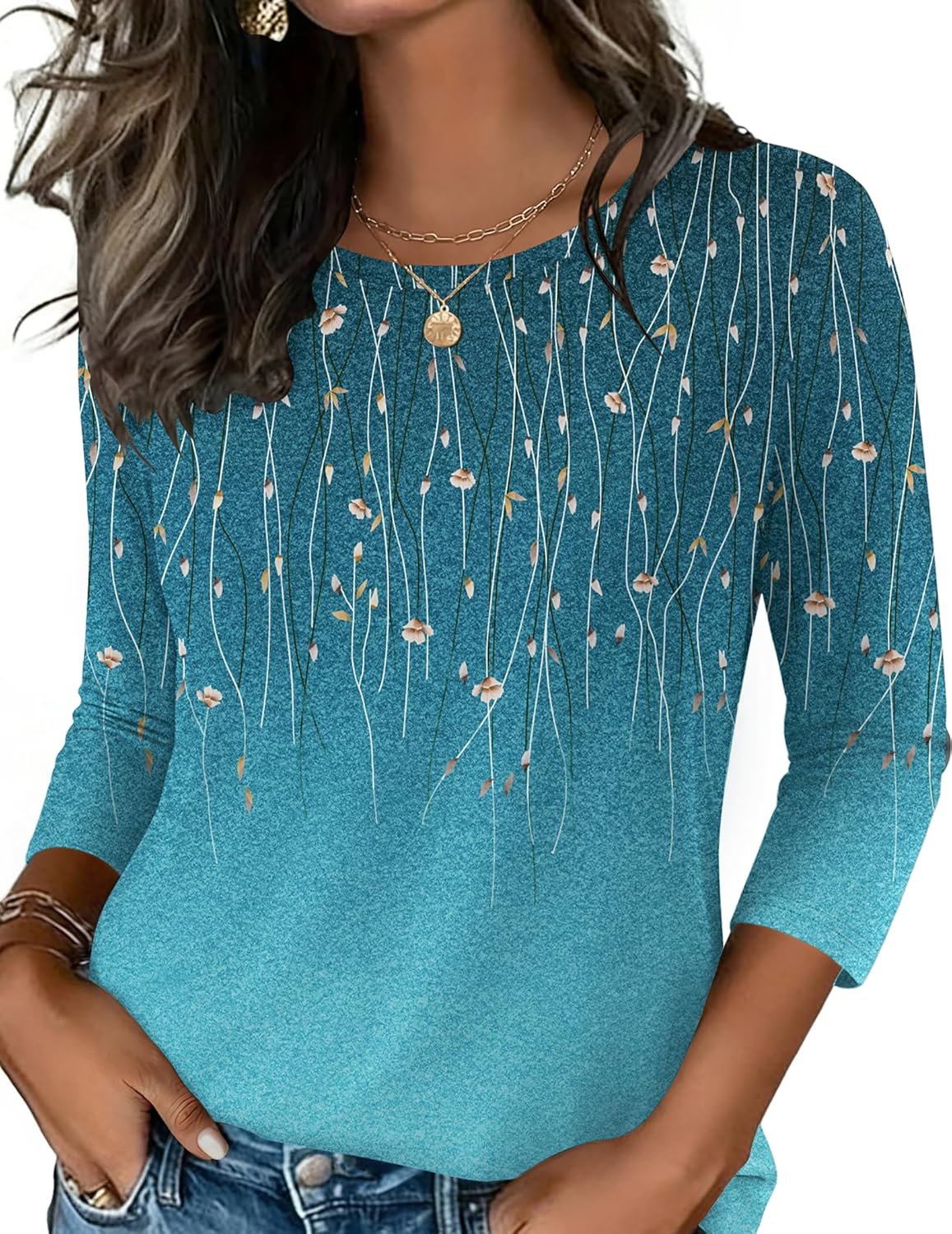 Women's Casual 3/4 Sleeve T-Shirts Round Neck Cute Tunic Tops Basic Tees Blouses Business Work Tee Top