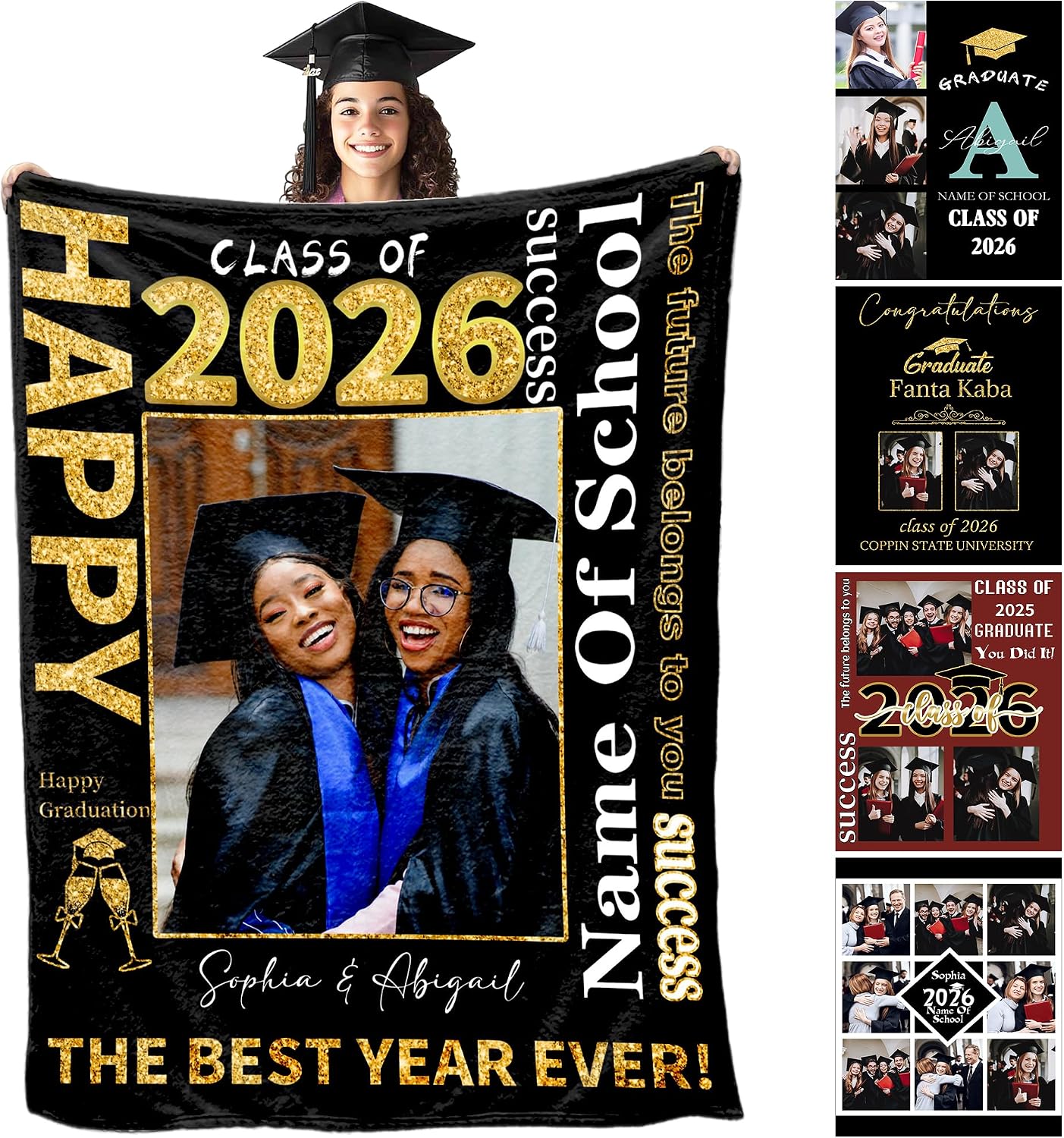 Personalized 2026 Graduation Blanket, Custom Name Blanket, 8 Sizes, Black, Polyester/Fleece Blend, Throw Blanket