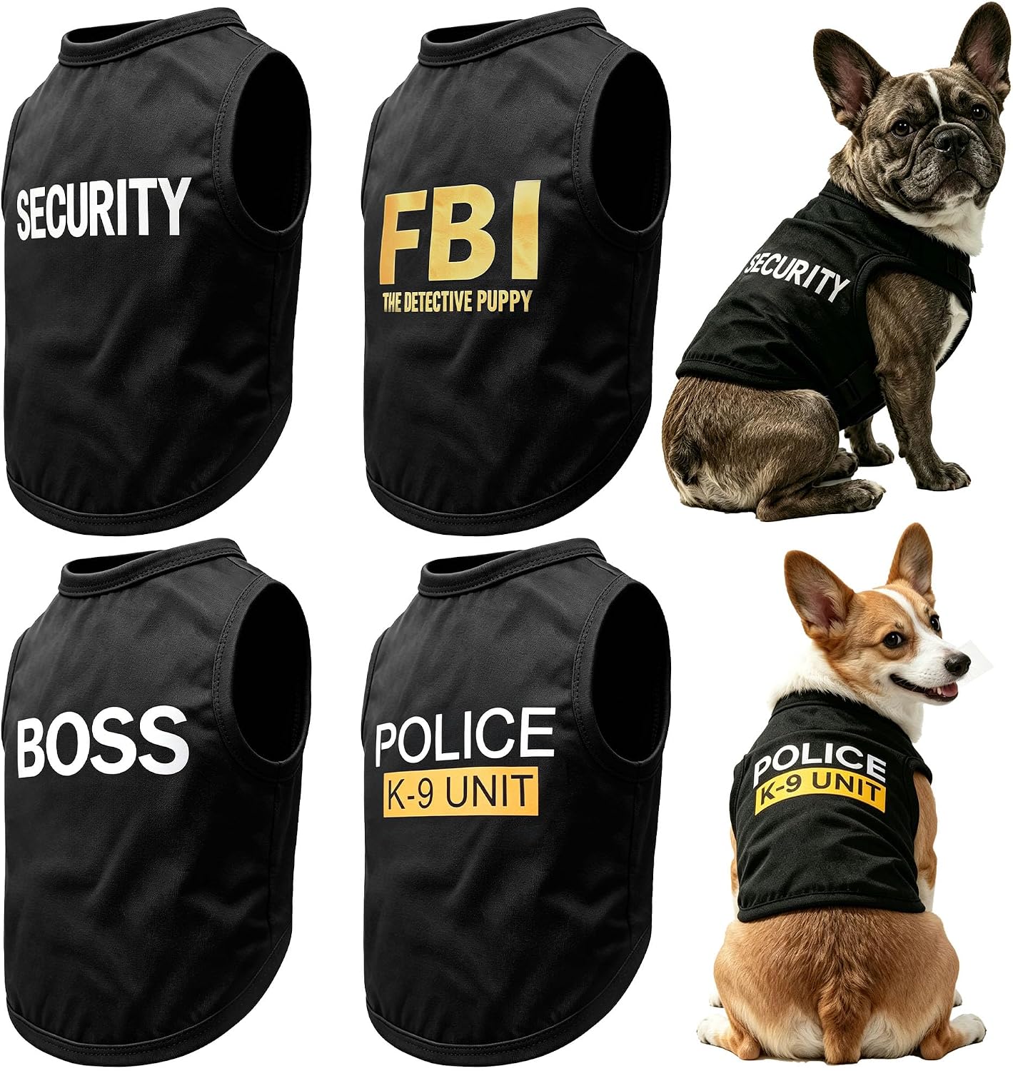 Dog Shirts 4 Pack Cat Apparel Costumes for Cosplay，Breathable Pet T-Shirts，Summer Clothes K9 Security Boss FBI Vest for Dogs Puppy Boy Girl (Small)