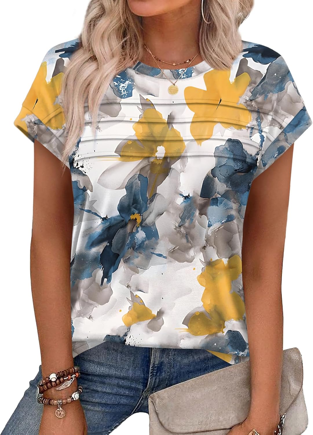Womens Summer Tops Trendy 2026 Cap Sleeve T Shirts Crew Neck Pleated Front Beach Vacation Clothes Fashion