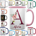 Custom Coffee Mugs - Personalized Ceramic Cups with Initial Letter Name Monogram - Customized Floral Mugs Gift - 11 & 15 oz