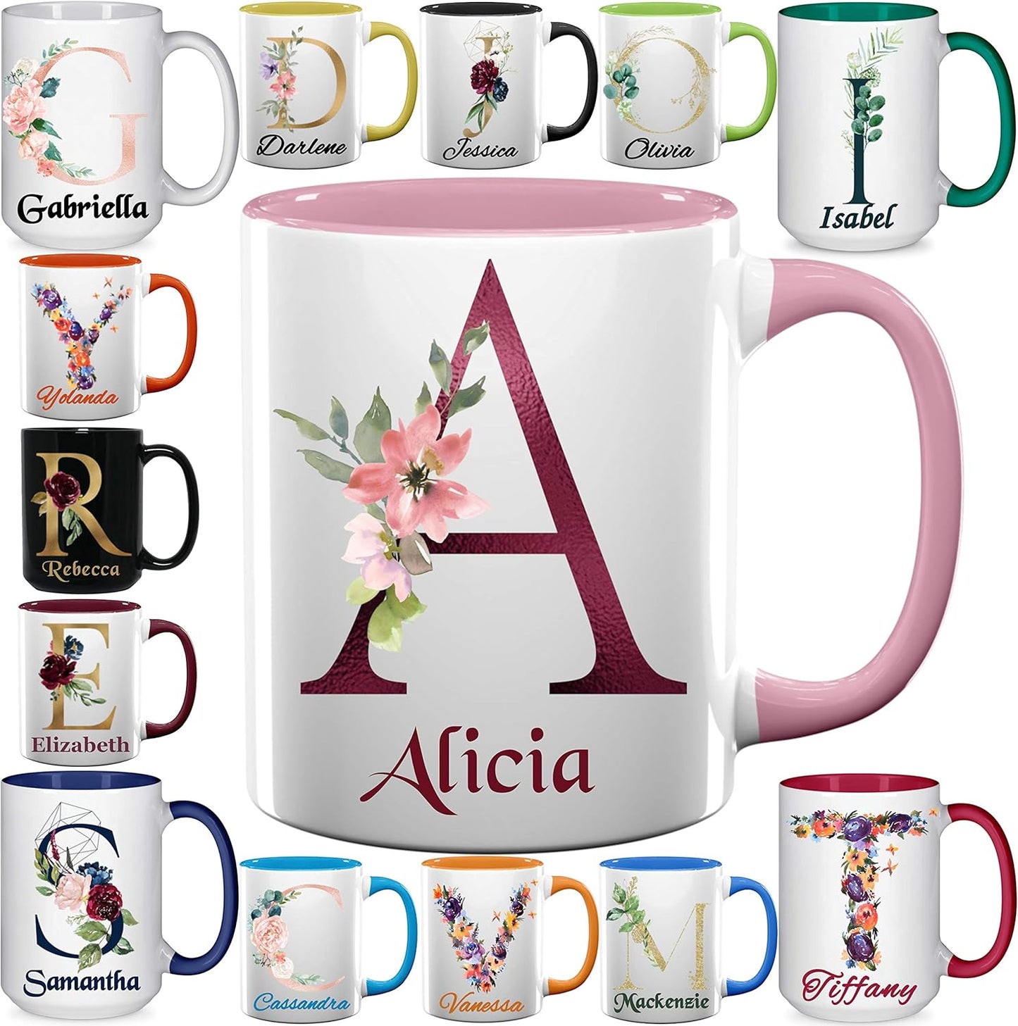 Custom Coffee Mugs - Personalized Ceramic Cups with Initial Letter Name Monogram - Customized Floral Mugs Gift - 11 & 15 oz